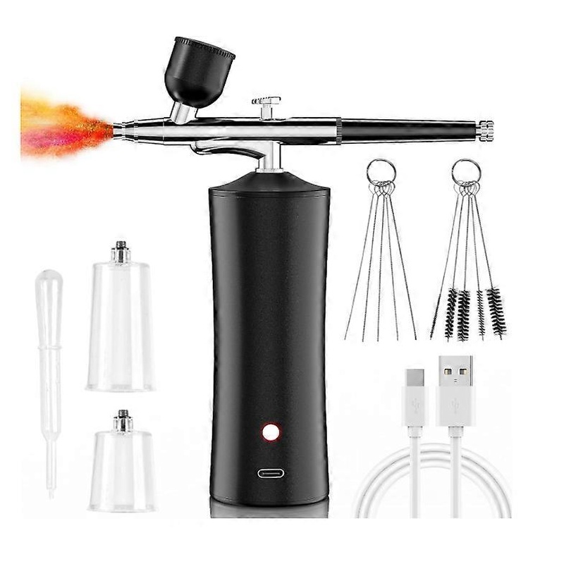 Airbrush Kit, 32PSI Cordless Rechargeable High-Pressure Non-Clogging Air Brush Gun with 0.3mm Nozzle and Cleaning Brush Set for Nail Art(Black)