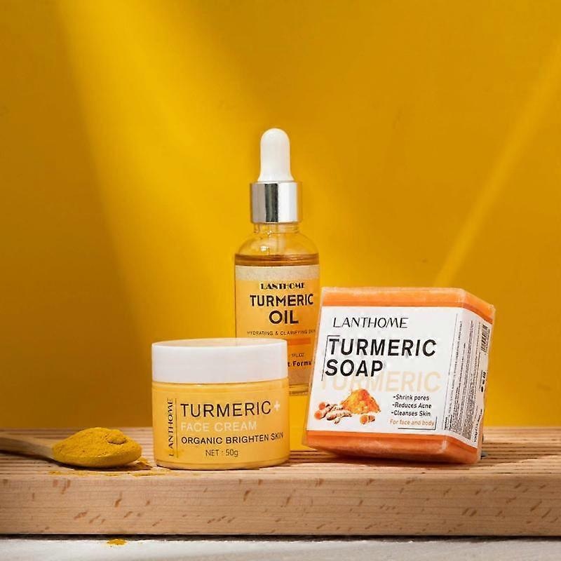 3-Piece Facial Treatment Set Turmeric Facial Acne Cleanser Anti-Aging Serum Dark Skin Moisturizing Spot Lightening Turmeric