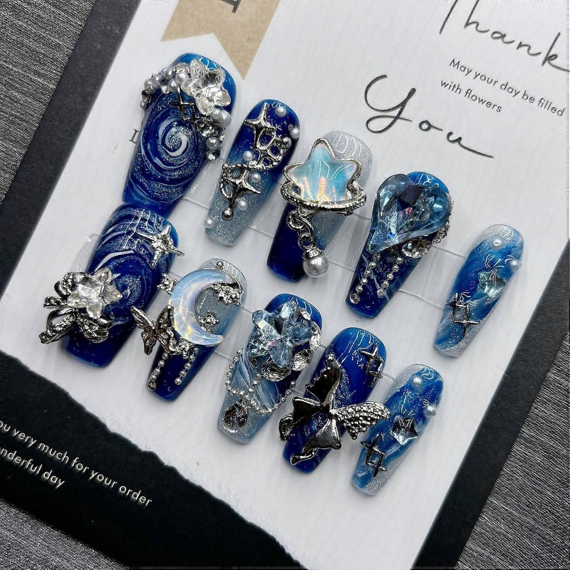 Blue Starry Sky Press on Nails Luxury Reusable Fake Nails