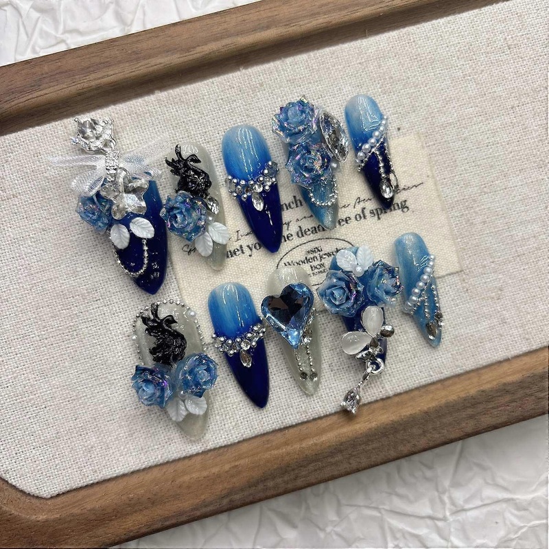 Blue Cat Eye Press on Nails French 3D Embossed Reusable