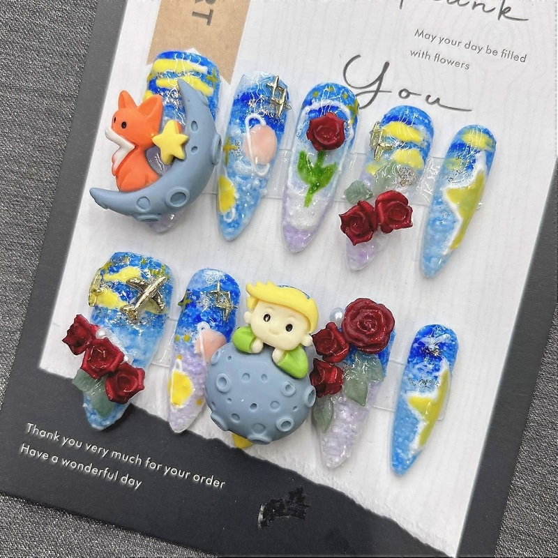 Cute Press on Nails Blue Cartoon Fairy False Nails Art