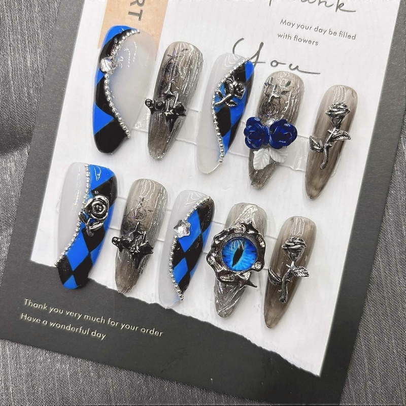 Dark Blue Devil Eye Press on Nails Y2K Cool Girl False Nails