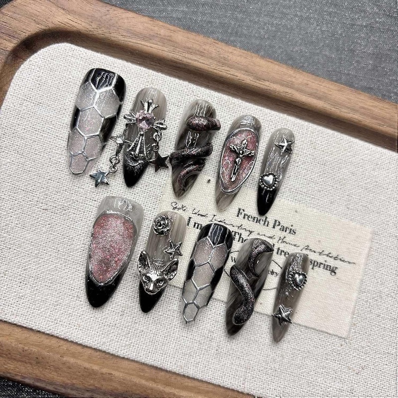 Gothic Cat Eye Press on Nails Long False Nails Handmade