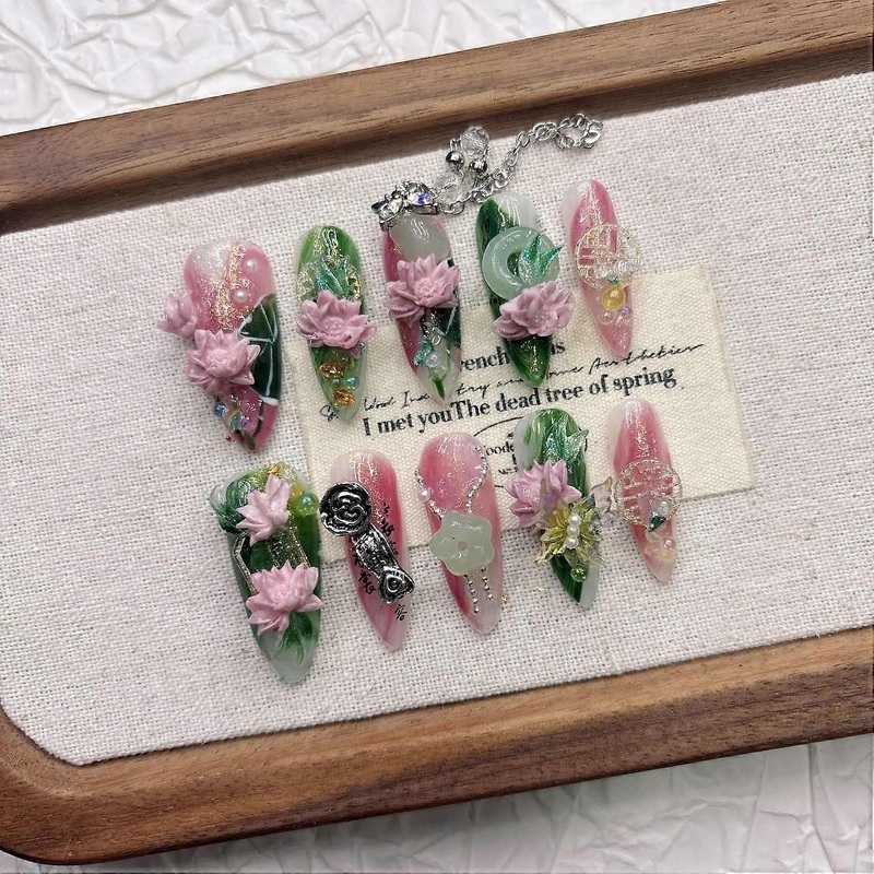 Lotus Tassel Press on Nails Pink Chinese Style Handmade False Nails