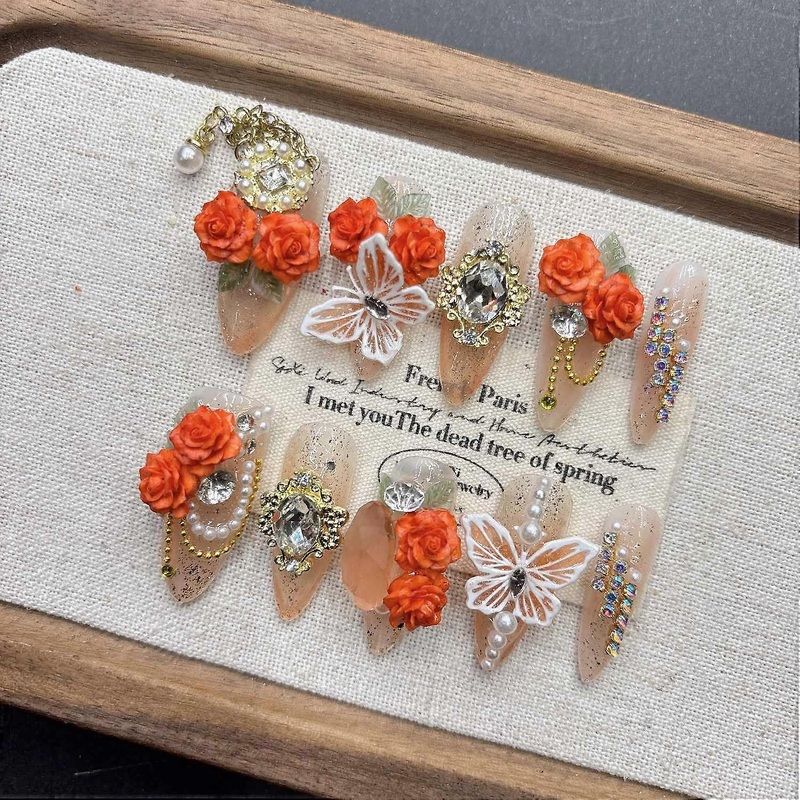 Orange Butterfly Tassel Press on Nails Cute False Nails Art