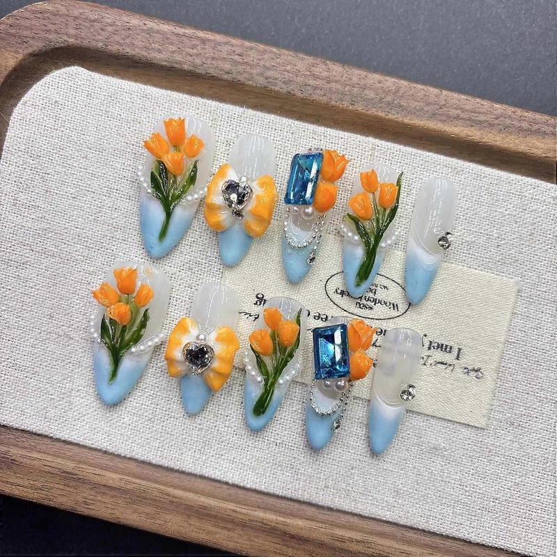 Orange Tulip 3D Flower Press On Nails Hand-Woven Floral