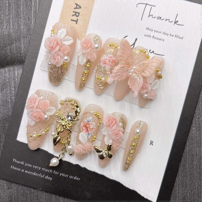 Pink Butterfly Press on Nails Handmade False Nails Elegant