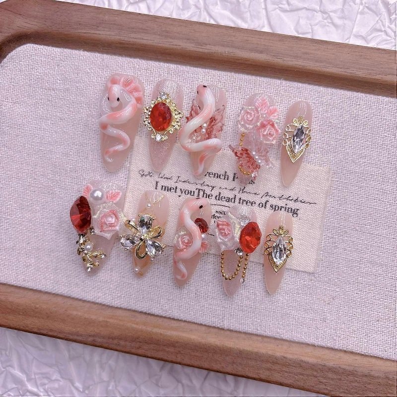 Pink Snake Press on Nails Handmade Cute Nail Art Elegant