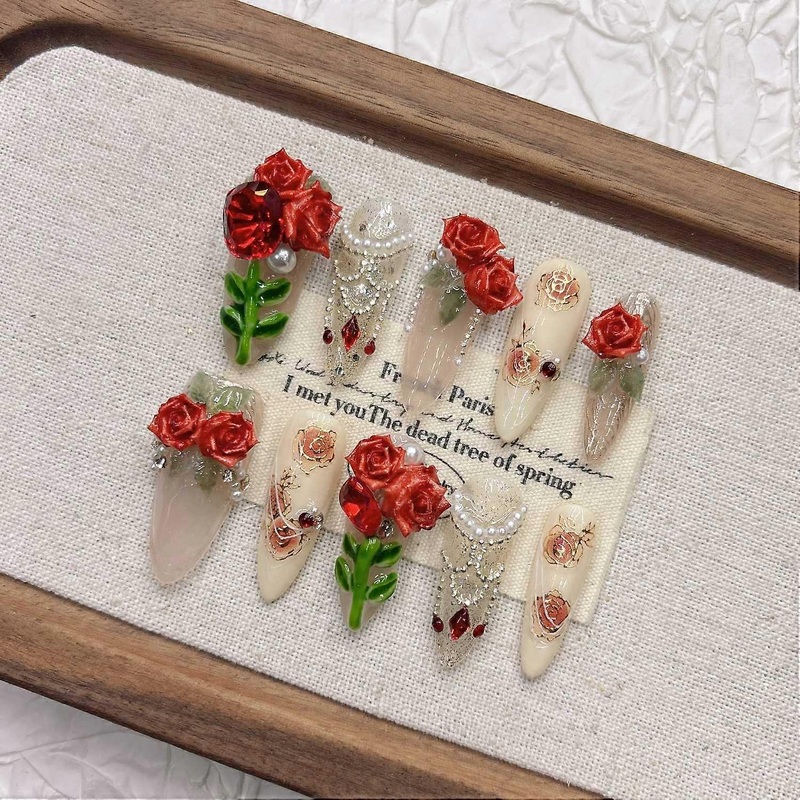 Rose Press on Nails Handmade, Elegant False Nails, Reusable Nail Tips