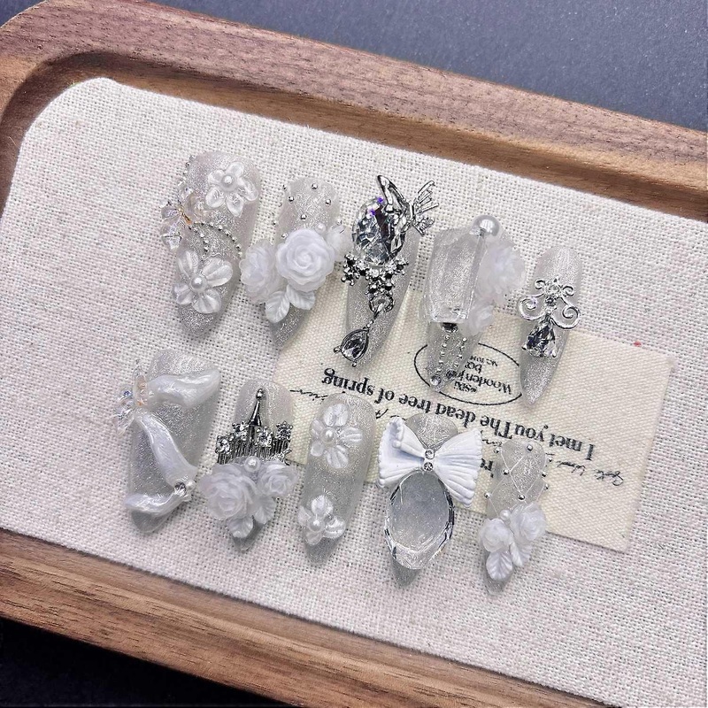 White Butterfly Wedding Press on Nails Handmade Elegant False Nails