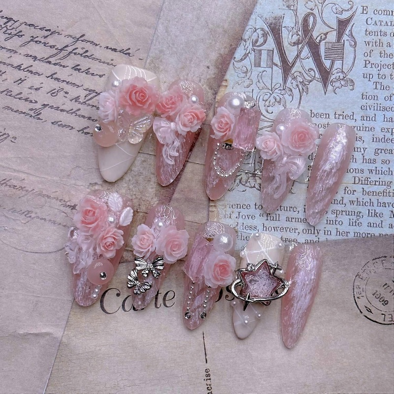 Sakura Pink Press on Nails Carved Floral Elegant False Nails