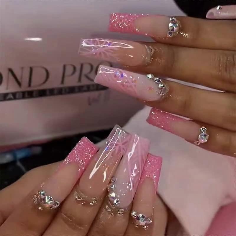 Snowflake Press on Nails Long Coffin Pink Glitter French Tip Rhinestone Full Cover Acrylic Glossy Glue On Nails 24Pcs