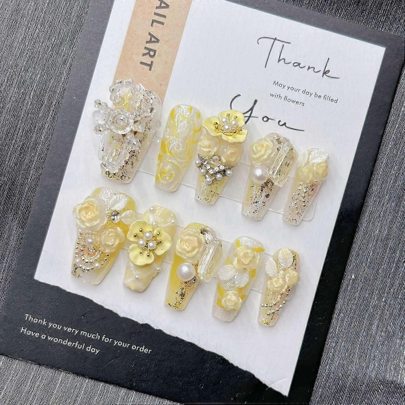 Yellow Glitter Press on Nails Long Handmade False Nails