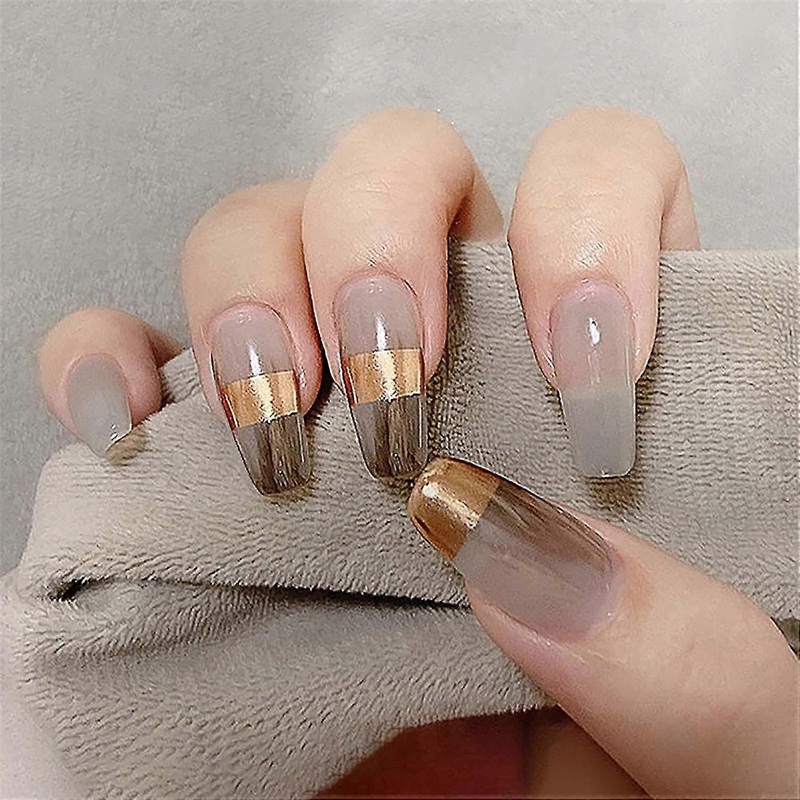 24 Pcs Press On Nails Medium Length With Designs Chic Fashion Long Fake Coffin Nails With Glue French Tip Acrylic Nails Ballerina Glossy False Nails T