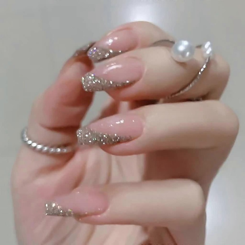 24pcs Press On Nails Medium Length Coffin Fake Nails Pink Nails Glossy False Nails Full Cover Prom Nails,0335