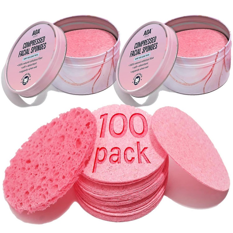 100-Count Compressed Facial Sponges - 100% Natural Pink Cosmetic Spa Sponges for Cleansing, Exfoliating, and Makeup Removal