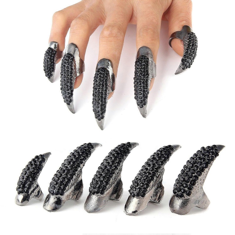 10 Pcs Halloween Costume Claws Fake Nails Ring Set, Gothic Punk Crystal Full Finger Rings in 3 Sizes for Women and Men, Black