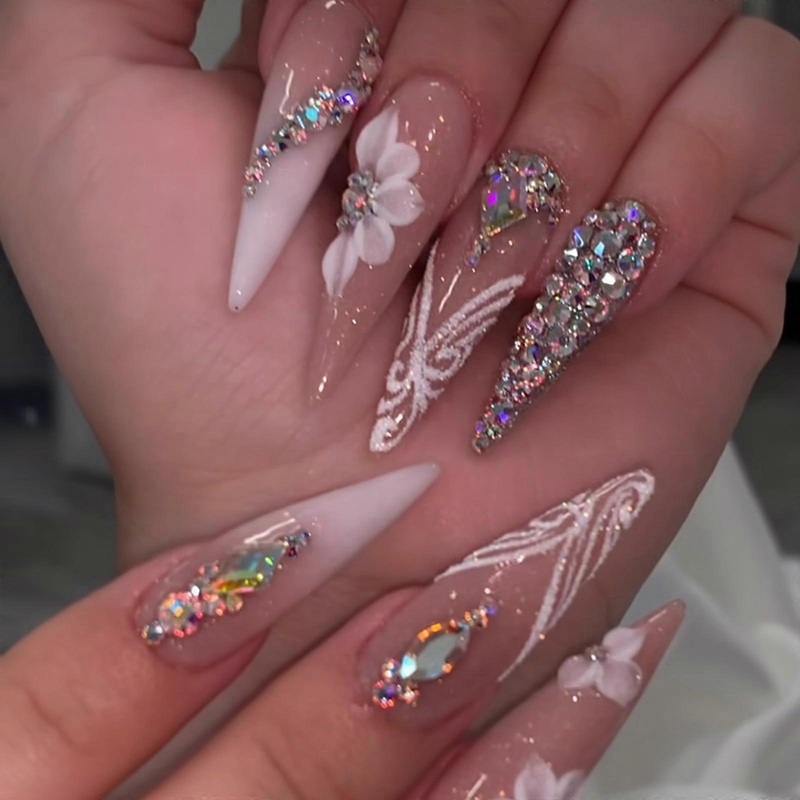 White Nude Butterfly 3D Flower Design Press On Nails Long Stiletto 12 Sizes 24 Pcs Set