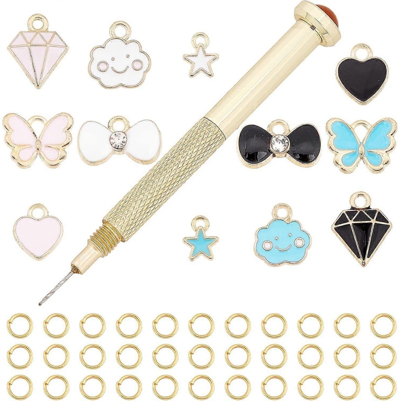 1 Box 270Pcs Nail Piercing Charms Set Art Pierced Tools Star Heart Butterfly Alloy Enamel Charms Dangle Hand Drill Jump Rings for Fingernail Jewelry D
