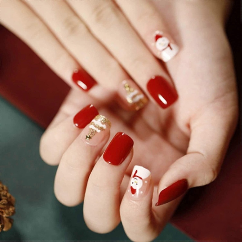 Red Press On Nails Short Christmas Decorations Square Fake Nails Cute Full Cover False Nails For Women And Girls24pcs