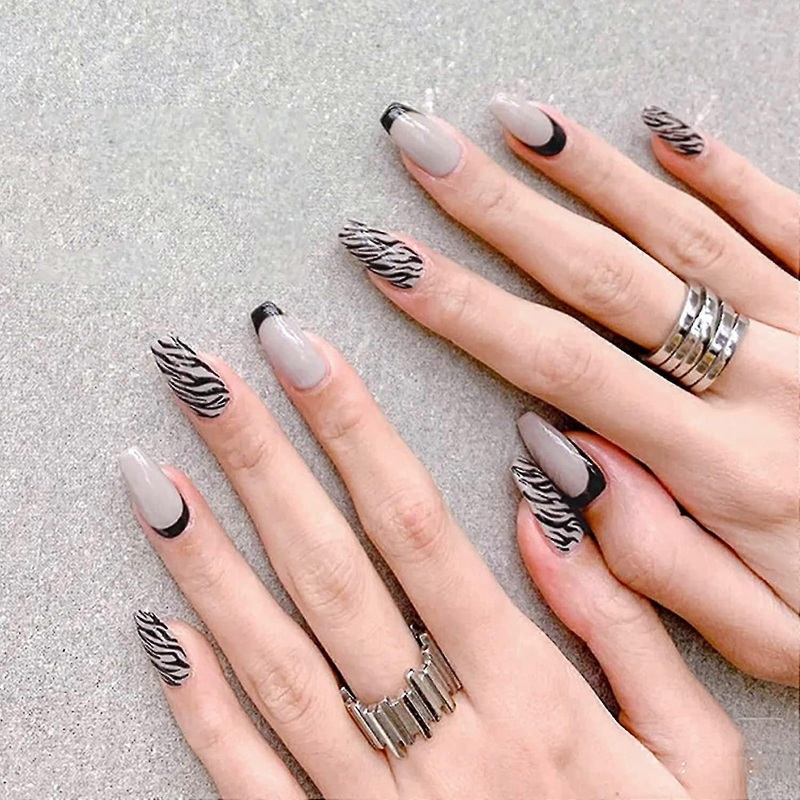 24pcs Press On Nails Medium Full Cover Fake Nails Glossy Glue On Nails French False Nails With Glue Acrylic Nails For Women Girlszebra Pattern