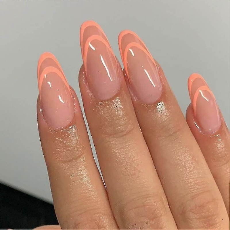 Glossy Medium Fake Nails Oval Press On Nails Designed Abstract Line French Nails Tips Almond Cute Full Cover Acrylic False Nails Sets For Women And Gi