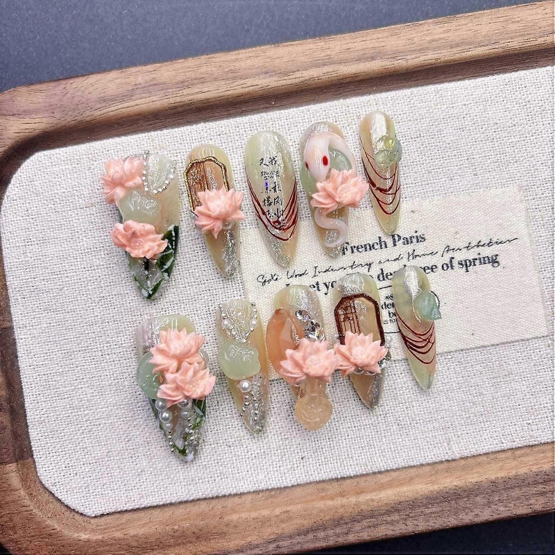 Pink Lotus Snake Handmade Press on Nails Elegant False Nails
