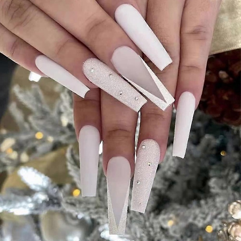 Press On Nails Long Coffin White Fake Rhinestone Nails Acrylic Matte False Nails Prom French Nails Women's (24 Pcs)