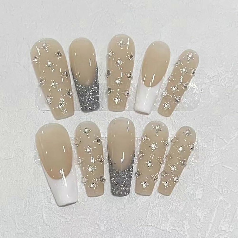 Press On Nails ( Handmade),MidLength T,MidLength Almond,Handmade Painted Nail Art by Nail Technician,Daily Style (Grey white French, Medium)