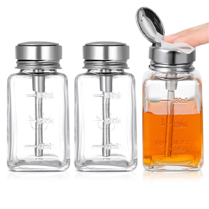 Clear Pump Dispenser Bottle Set of 3, 180ml Glass Pressure Containers with Metal Flip Cap for Nail Polish Remover and Toner