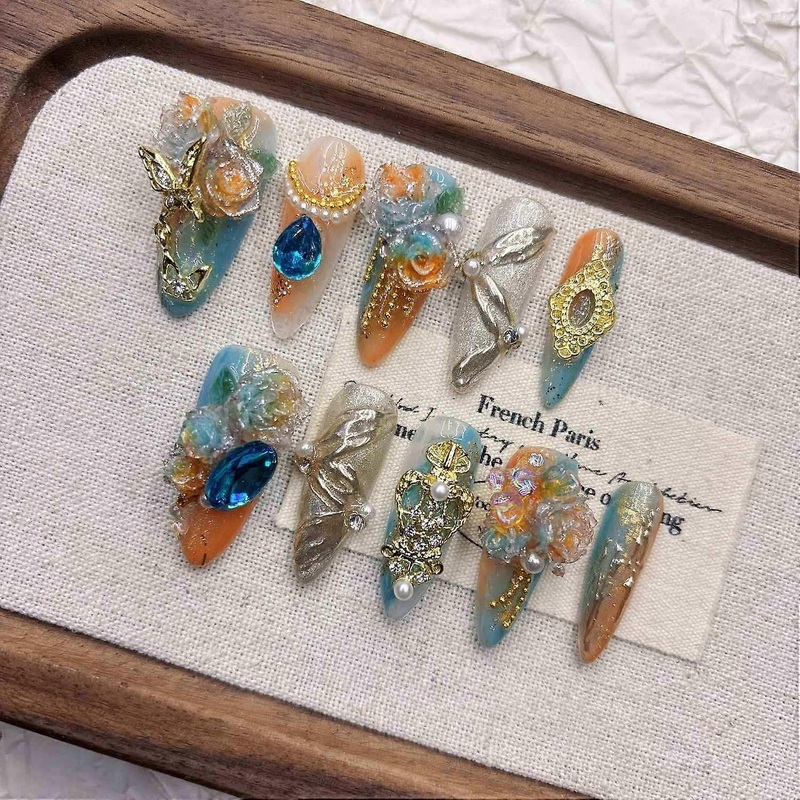 3D Rose Press on Nails Butterfly Cat Eye Handmade False Nails