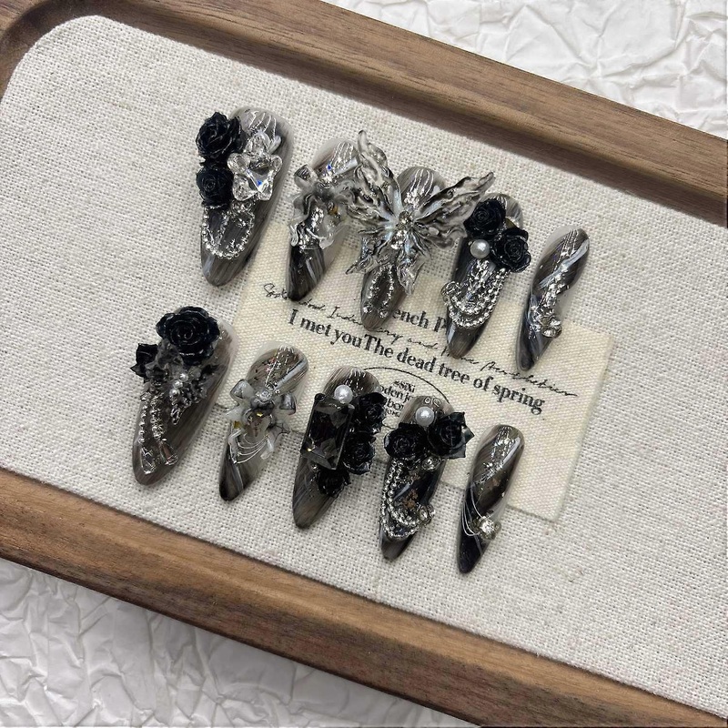 Black Camellia Butterfly Press on Nails Handmade False Nails