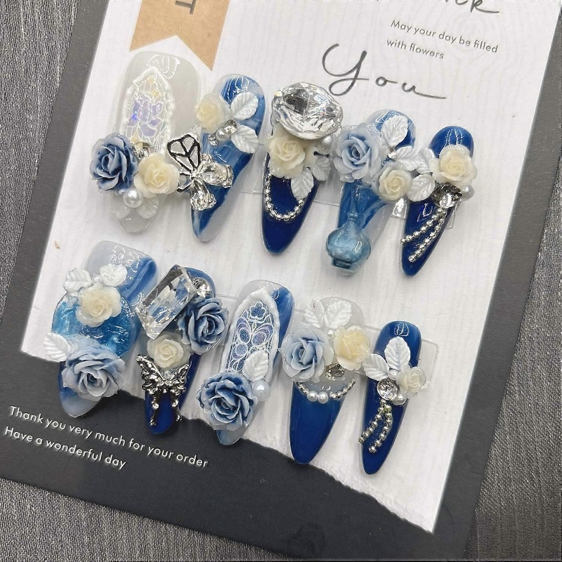 Blue Butterfly Press on Nails Long French Pointed Shape