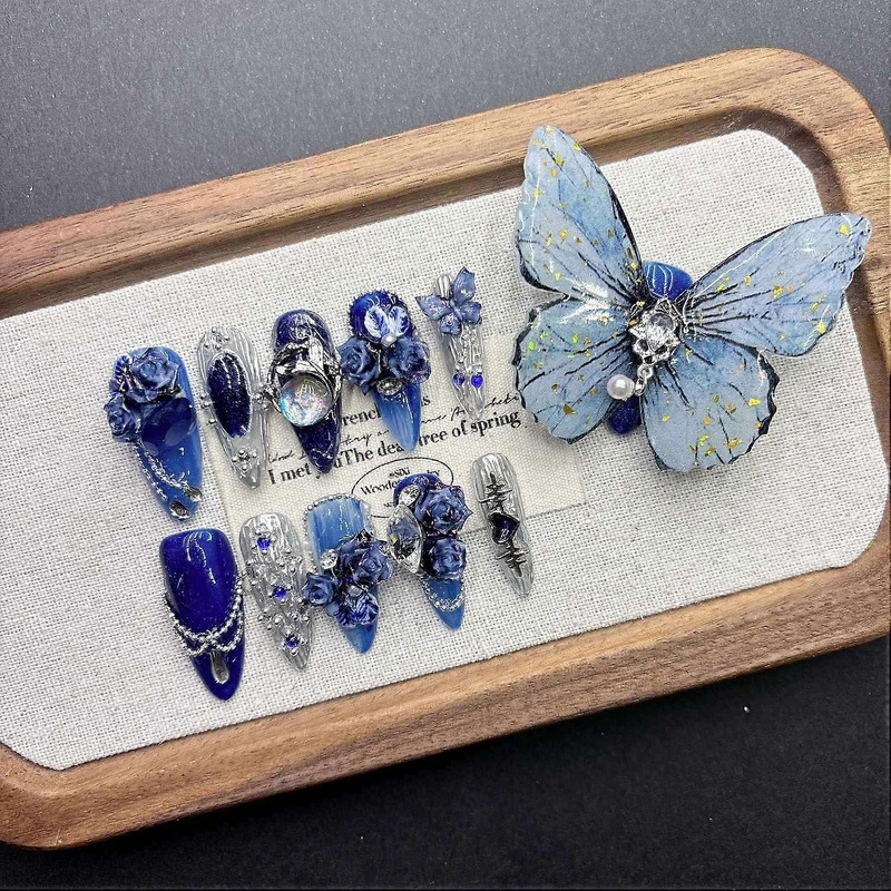 Blue Butterfly Press on Nails Long Pointed/Almond Watercolor Nails