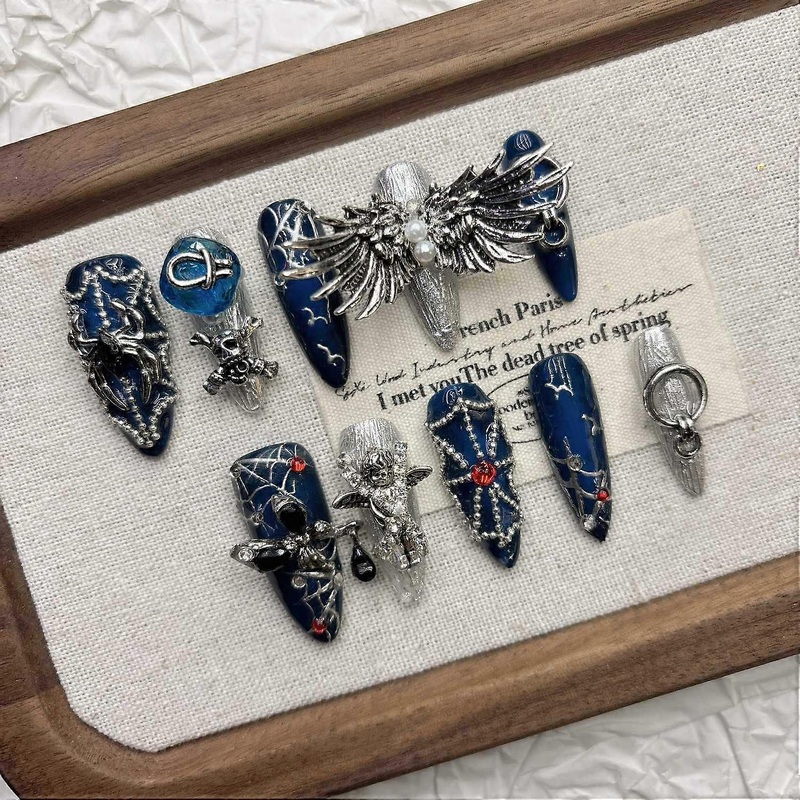 Dark Blue Spider Web Press on Nails Gothic Wing False Nails
