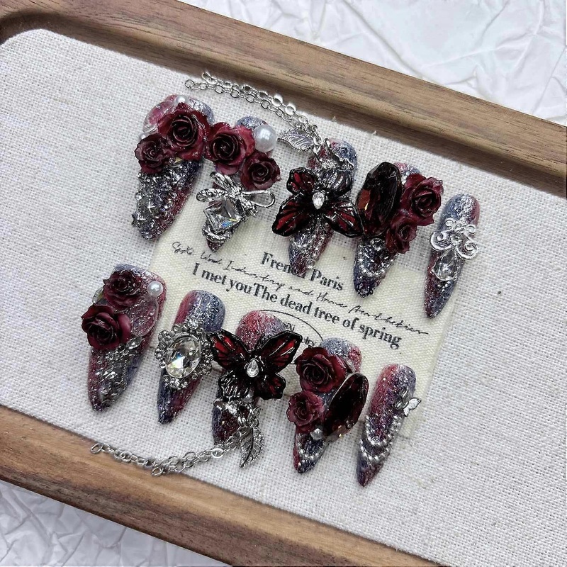 Gothic Dark Red Press on Nails Handmade Luxury False Nails