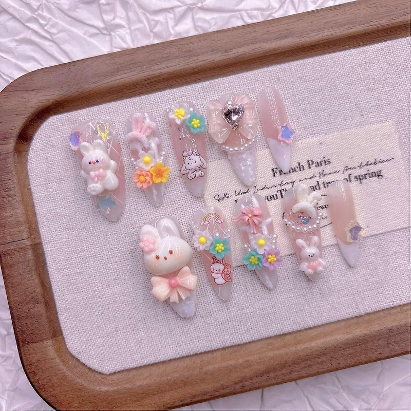 Pink Bunny Press on Nails Cute Animal False Nails Long Mid