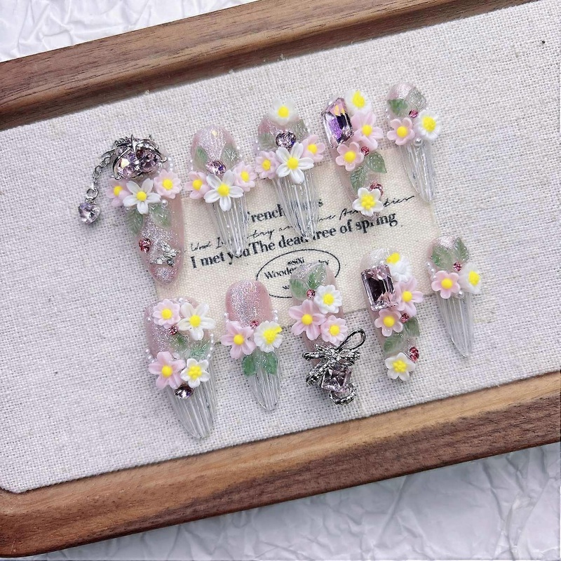 Pink Daisy Press on Nails Cute Handmade Summer False Nails