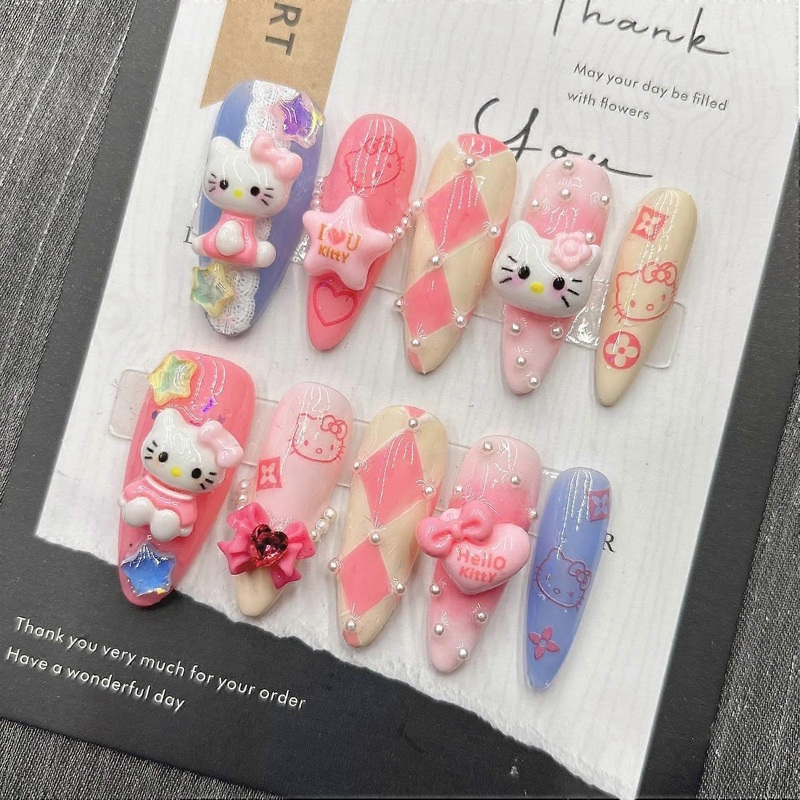 Pink Kitty Press on Nails Cute Cartoon False Nails