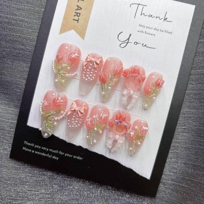 Pink Tulip Press on Nails 3D Pearl Flower Handmade False Nails