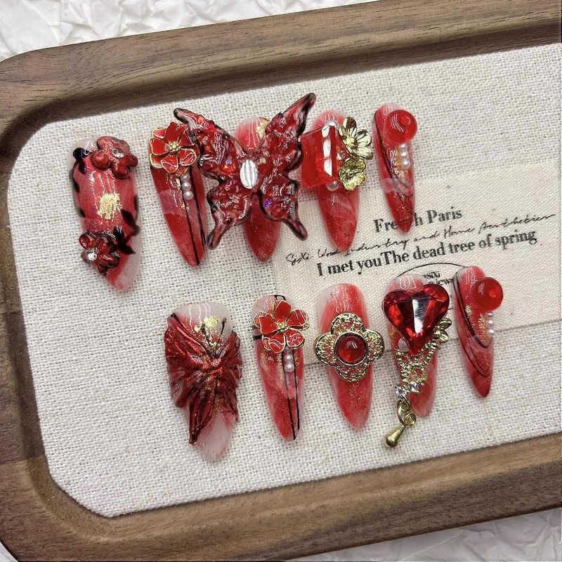 Red Butterfly Press on Nails 3D Flower Handmade False Nails