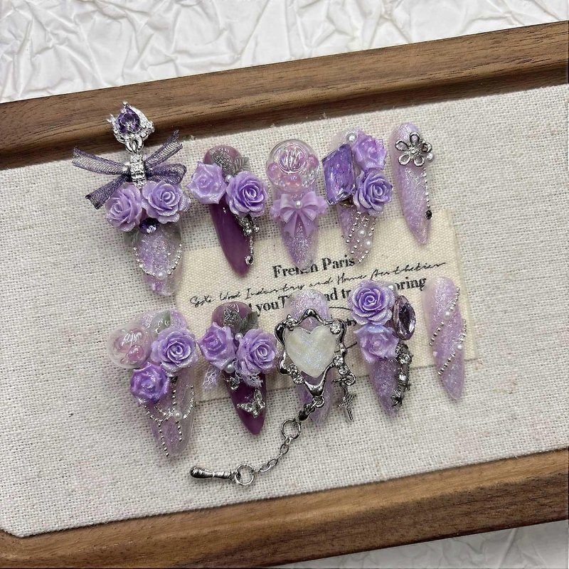 Violet Rose Press on Nails Luxury Handmade Stiletto Long