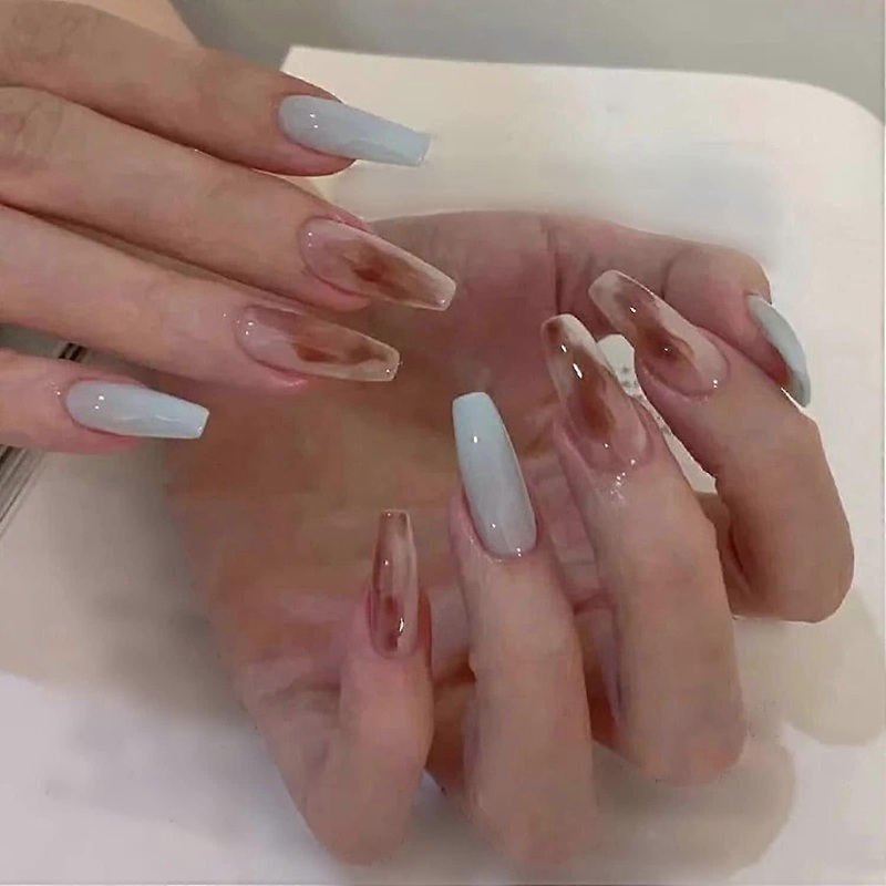 24pcs Coffin Fake Nails, Gradient Glossy False Nails, Bloo Ombre Press On Nails, Full Cover Acrylic Nails For Daily Use