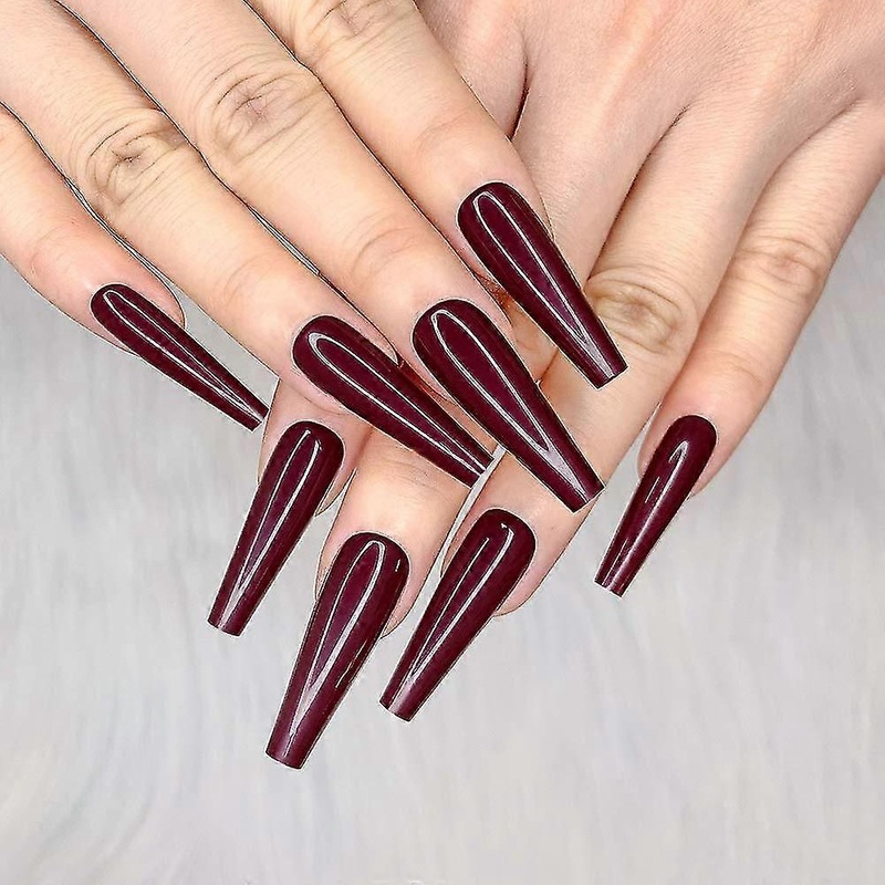 24pcs Wine Red Pure Color Ballerina Long Coffin Glossy Fake Nails Press On Nail False Tips Manicure For Women And Girls,6064