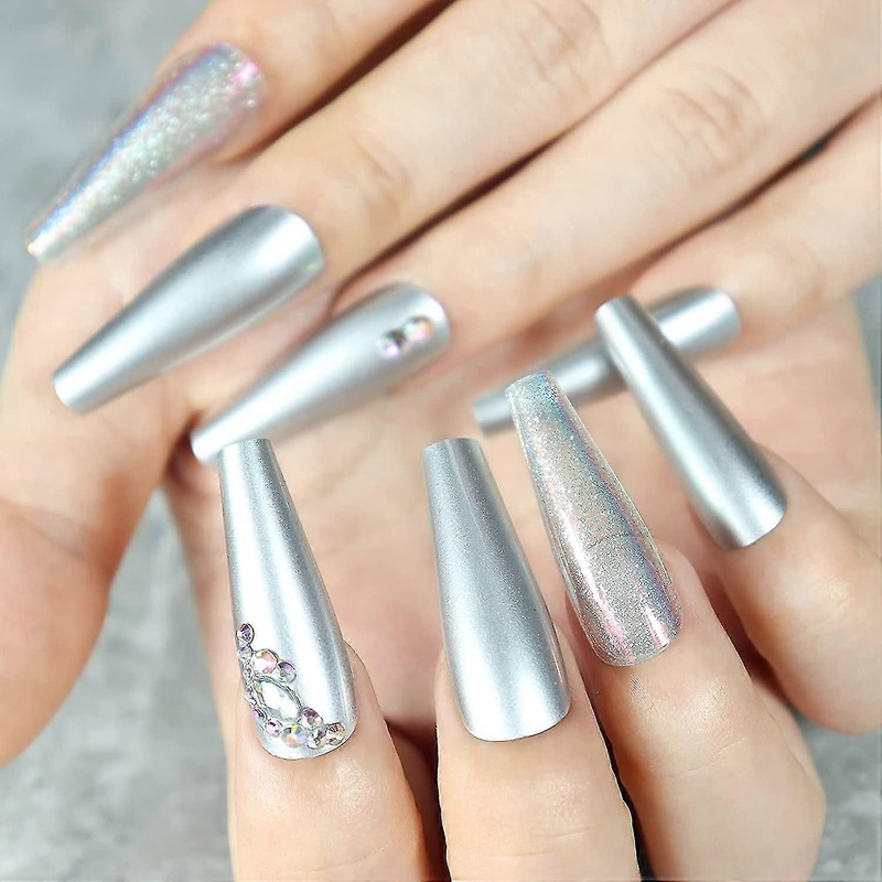 Extra Long Nails Matte Ombre Rhinestone Fake Nails With 3d Clear Bling  Design 30pcs Glitter Acrylic Ballerina False Nail Tips For Women And Girls