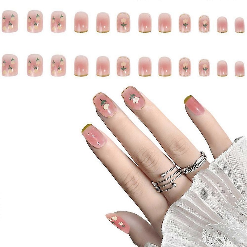Short Press On Nails Acrylic Square French Fake Nails Full Cover Nude False Nails For Women And Girls 24pcs