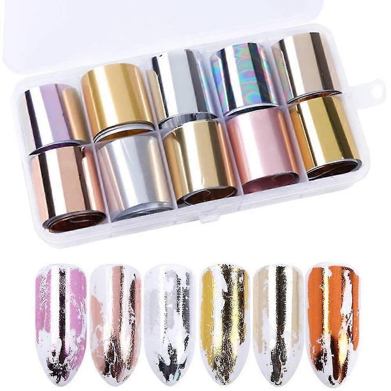 10 Rolls Metallic Color Holographic Nail Foil Transfer Stier Roll Set, Mix-pattern Nail Art Stiers, Wraps Decals Starry Sky Manicure Kit,gold, Sil,512