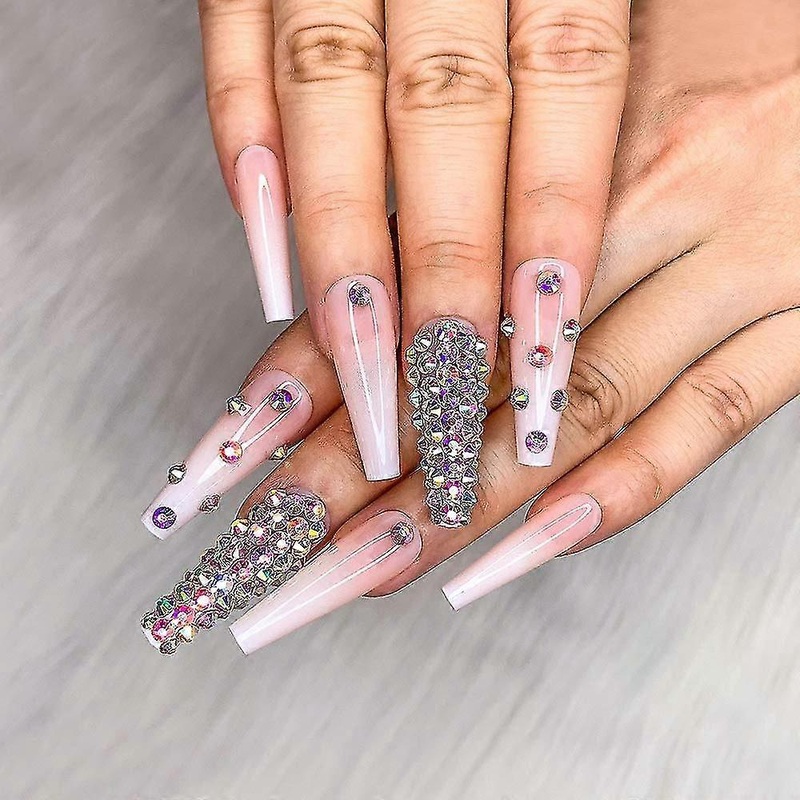 24pcs French Nude White Ballerina Diamond Long Glossy Coffin Flash Fake Nails Press On Nail False Tips Manicure For Women And Girls