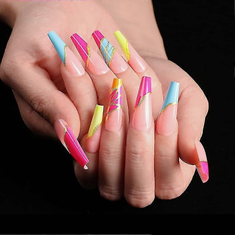 24pcs Extra Long Press On Nails,fake Nails,colored Glitter Luxury False Nails,glossy Acrylic Presson Fakenails For Women And Girls