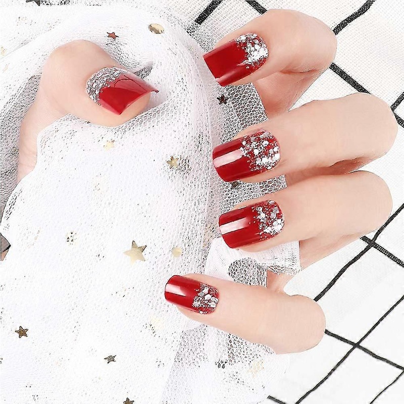 24pcs False Nail Glitter Decorated Solid Red Short Square Full False Nails Tips (red Glitter)